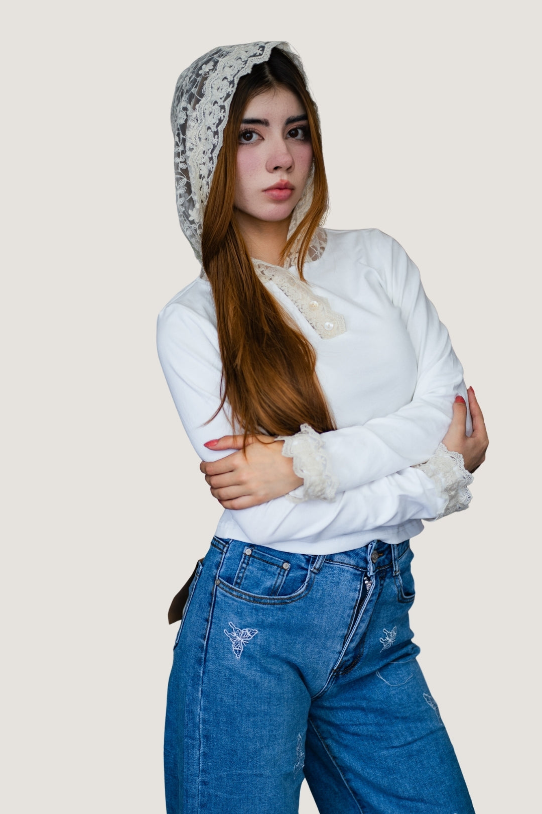 Blusa de Manga Larga de Algodón | Gorro con Detalle de Encaje