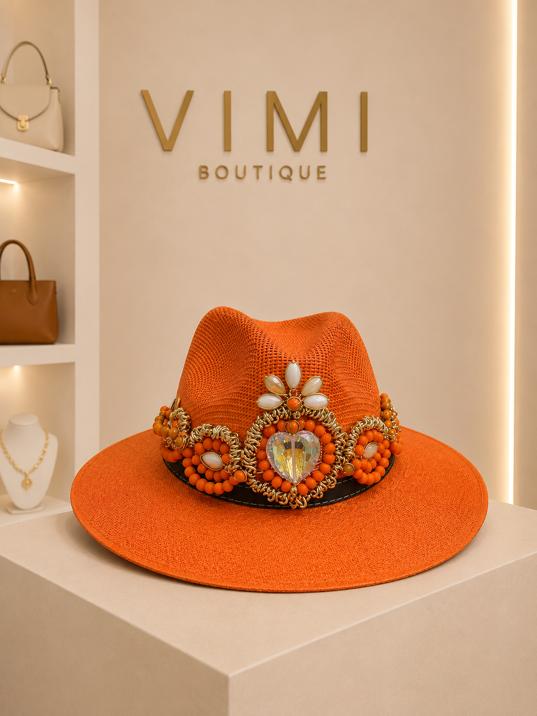 SOMBRERO NARANJA CON JOYERÍA ARTESANAL