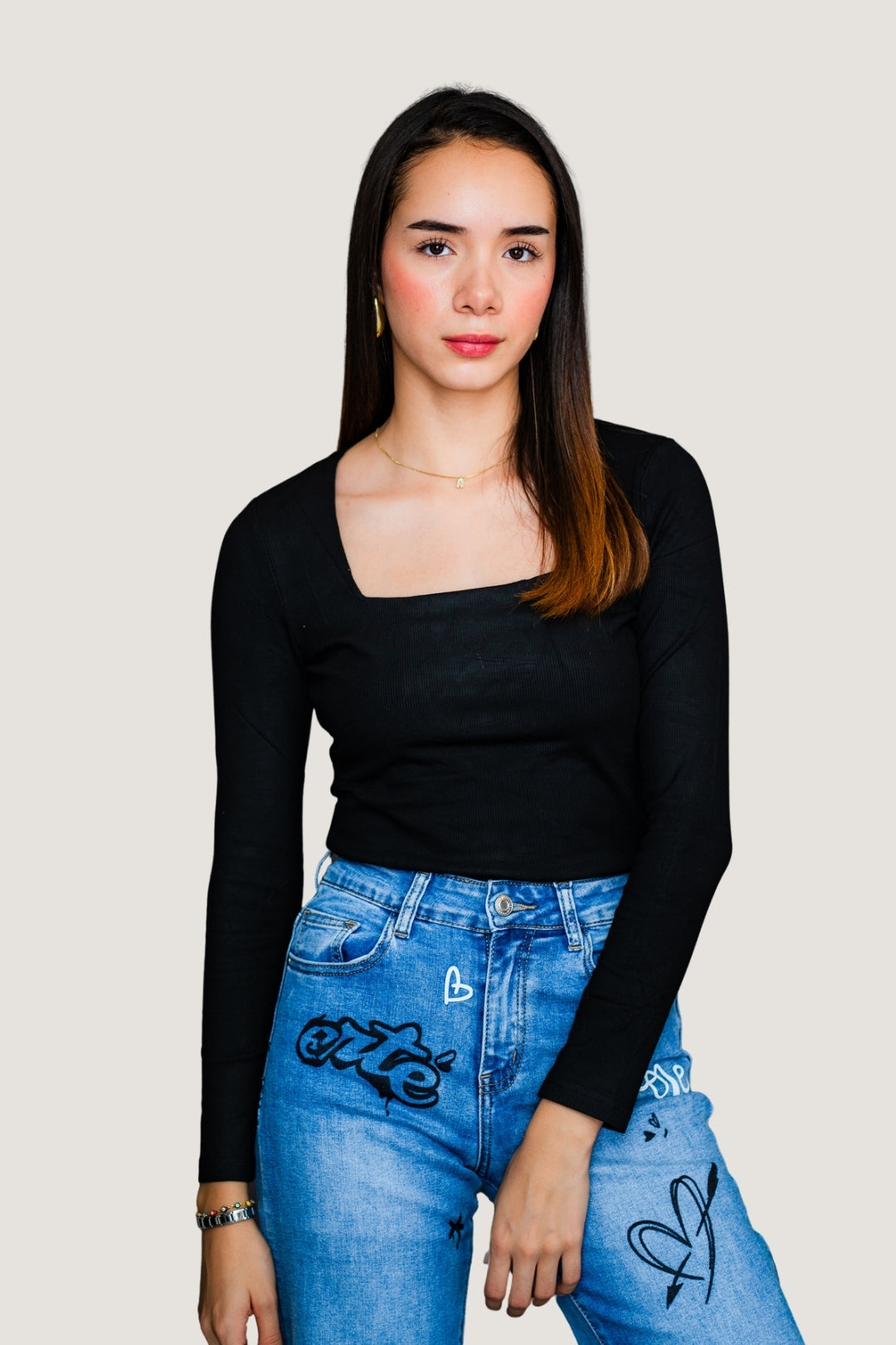 Blusa Básica de Manga Larga | Tela Algodón-Elastano con Ajuste Perfecto