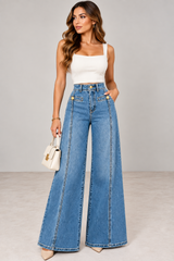 JEANS WIDE LEG DE TIRO ALTO CON BOTONES DORADOS
