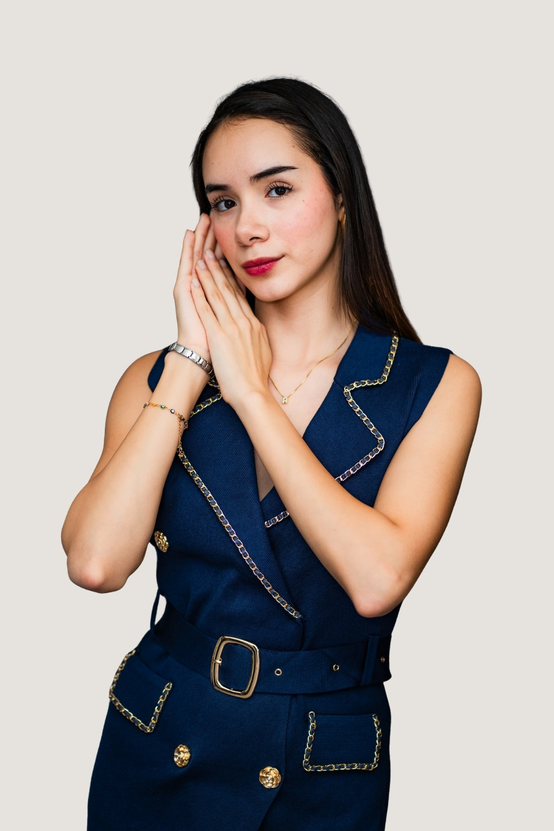 Vestido Sizado Abierto de Tejido | Cinto Ajustable para Silueta Definida Azul