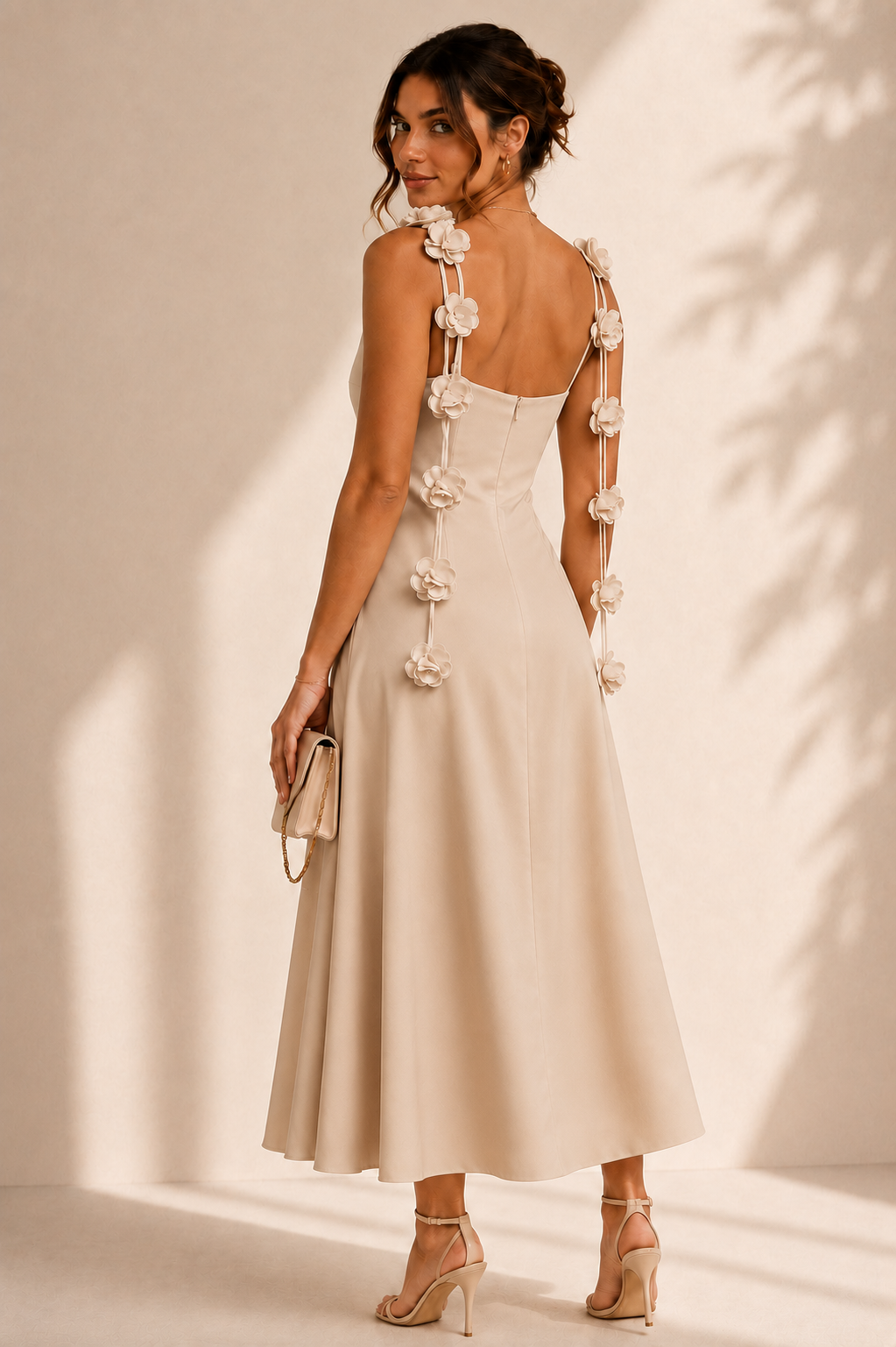 Vestido Beige Satín Con Flores