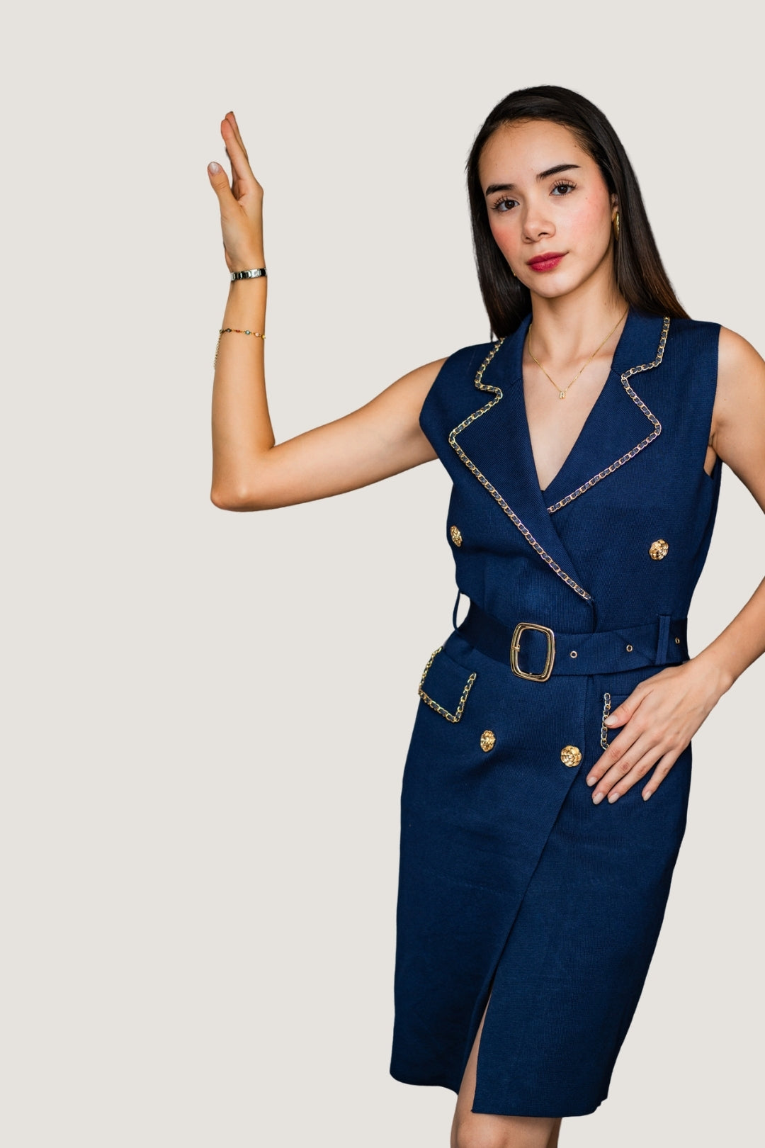 Vestido Sizado Abierto de Tejido | Cinto Ajustable para Silueta Definida Azul