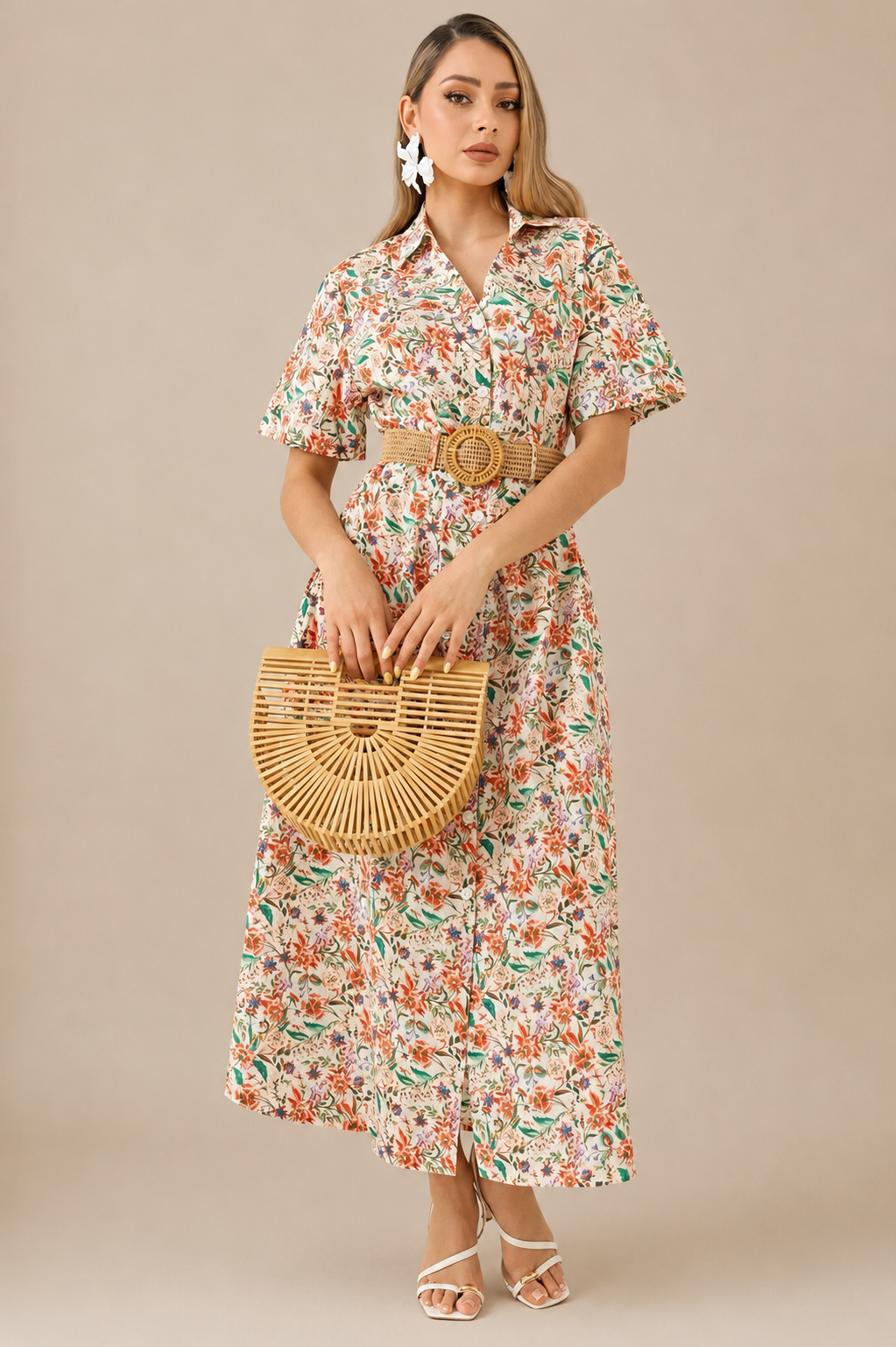 Vestido Floral Manga Corta Cinturon Tipo Rafia