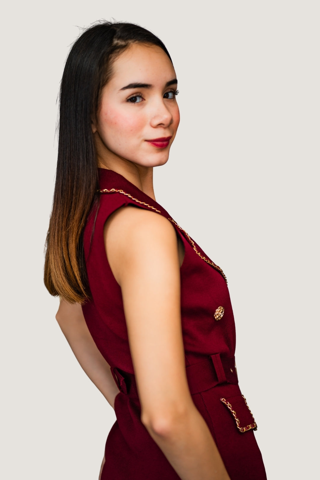 Vestido Sizado Abierto de Tejido | Cinto Ajustable para Silueta Definida Tinto