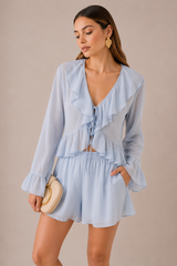 CONJUNTO AZUL DE LINO SHORT Y BLUSA DE OLANES