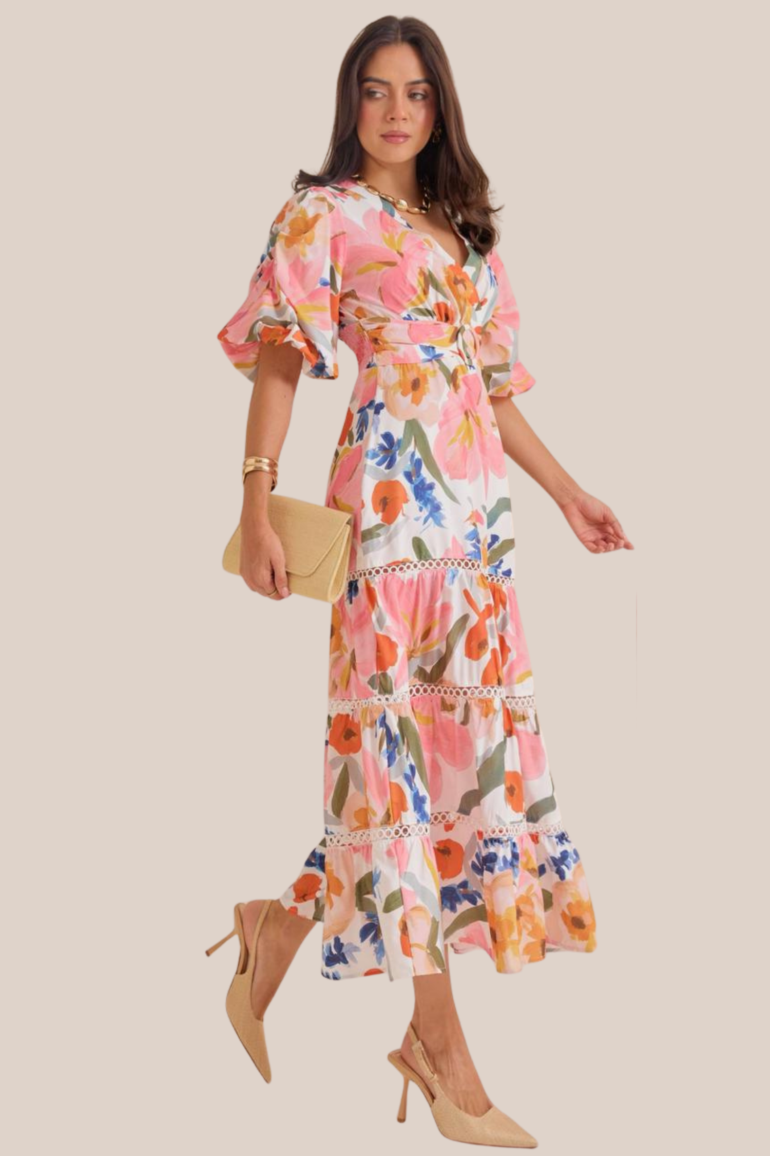 Vestido Largo Estampado Floral Tonos Naranjas y Rosas Cuello V Mangas Abullonadas