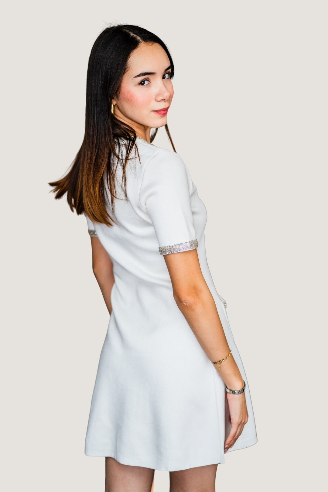 Vestido de Punto de Manga Corta Blanco