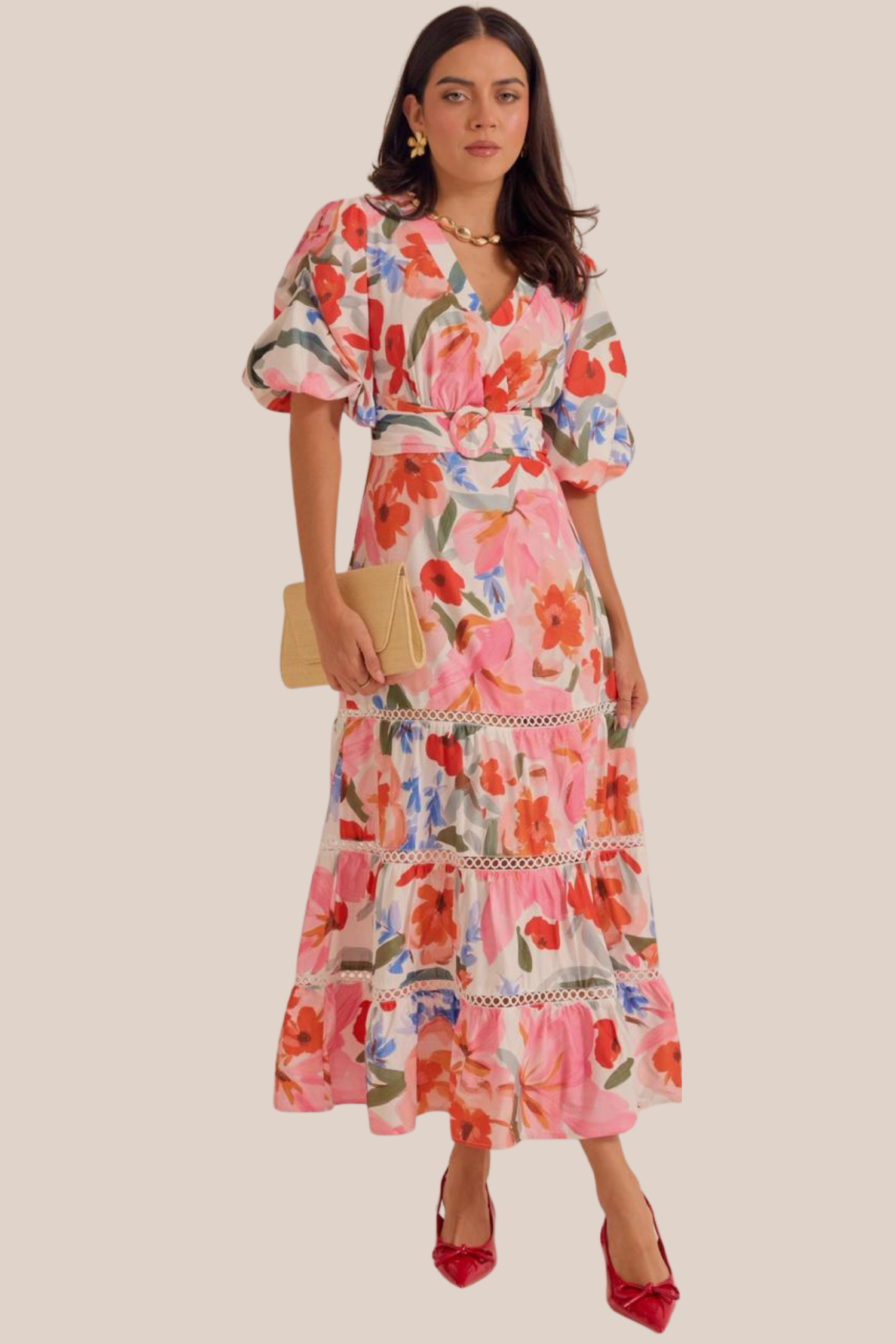 Vestido Largo Estampado Floral Tonos Rojos y Rosas Cuello V Mangas Abullonadas
