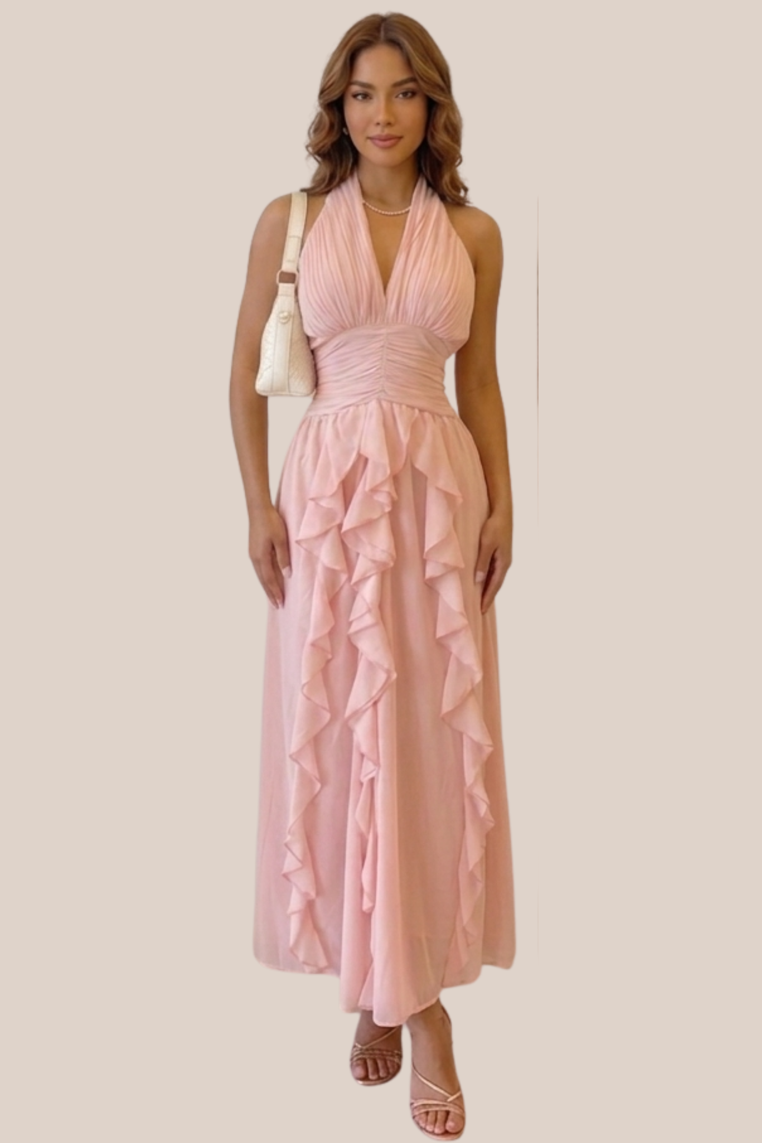 Vestido Rosa Cuello Halter Con Volantes Verticales