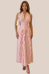 Vestido Rosa Cuello Halter Con Volantes Verticales
