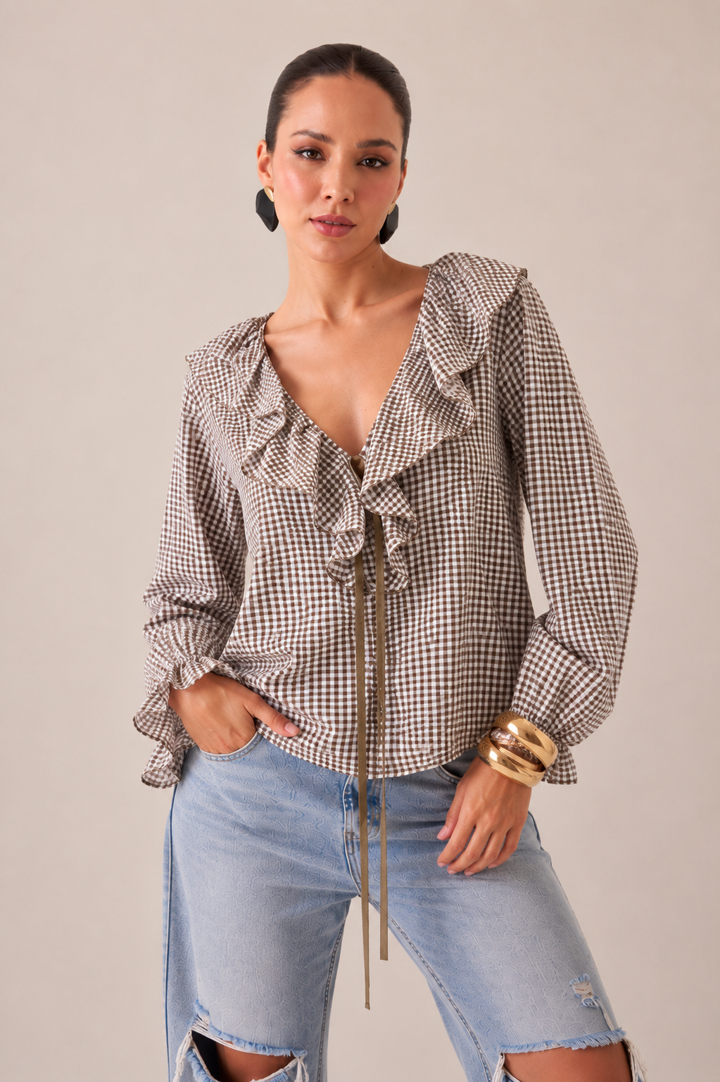 BLUSA VICHY MOCHA RUFFLE