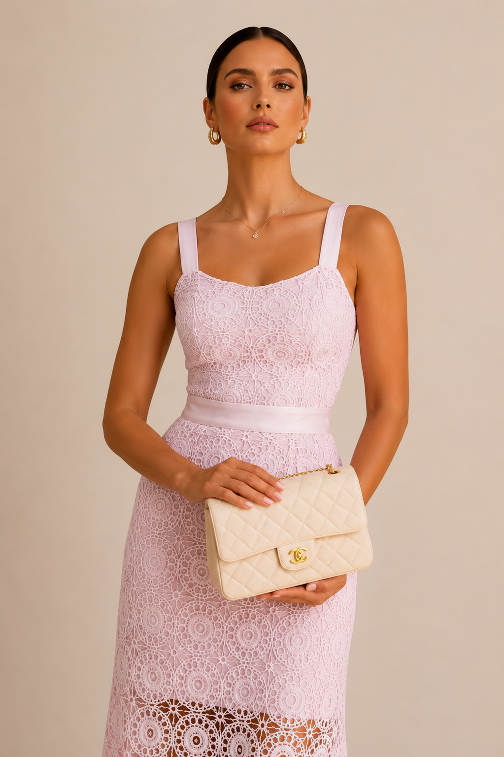 Conjunto Rosa de Encaje, Top Tirantes Cuello Redondo y Falda