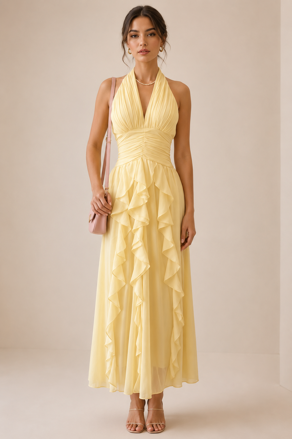Vestido Amarillo Cuello Halter Con Volantes Verticales