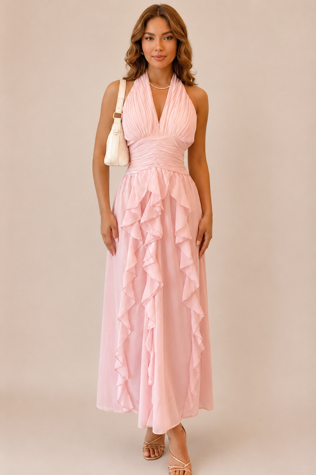 Vestido Rosa Cuello Halter Con Volantes Verticales