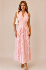 Vestido Rosa Cuello Halter Con Volantes Verticales
