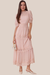 Vestido Rosa Estilo Bohemio Encaje Floral Manga Corta