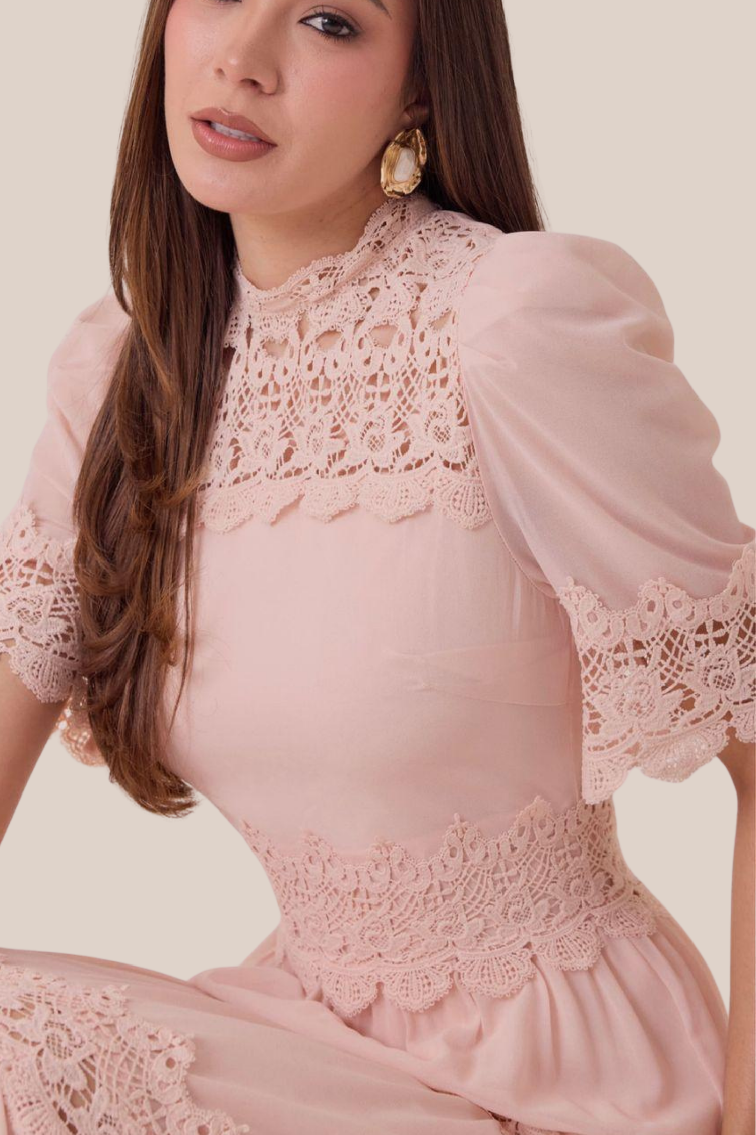 Vestido Rosa Estilo Bohemio Encaje Floral Manga Corta
