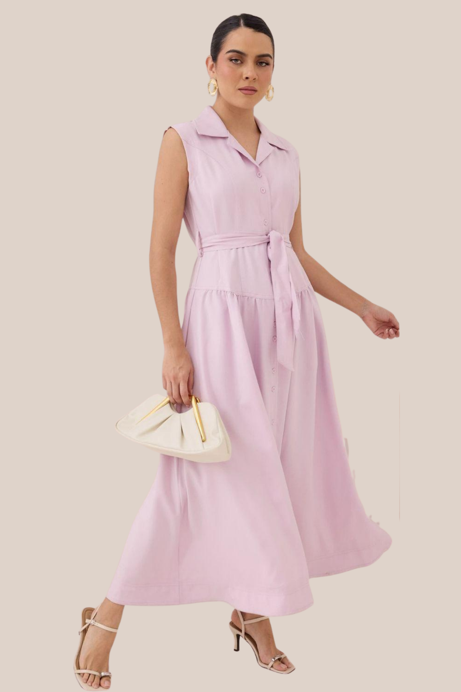 Vestido Rosa Sin Mangas Con Cuello de Solapas Clásico