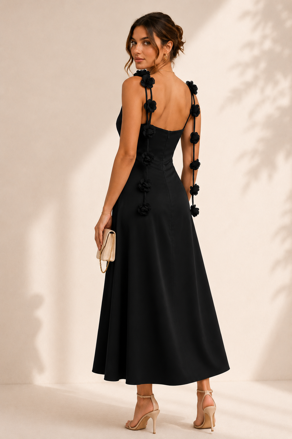 Vestido Negro Satín Con Flores