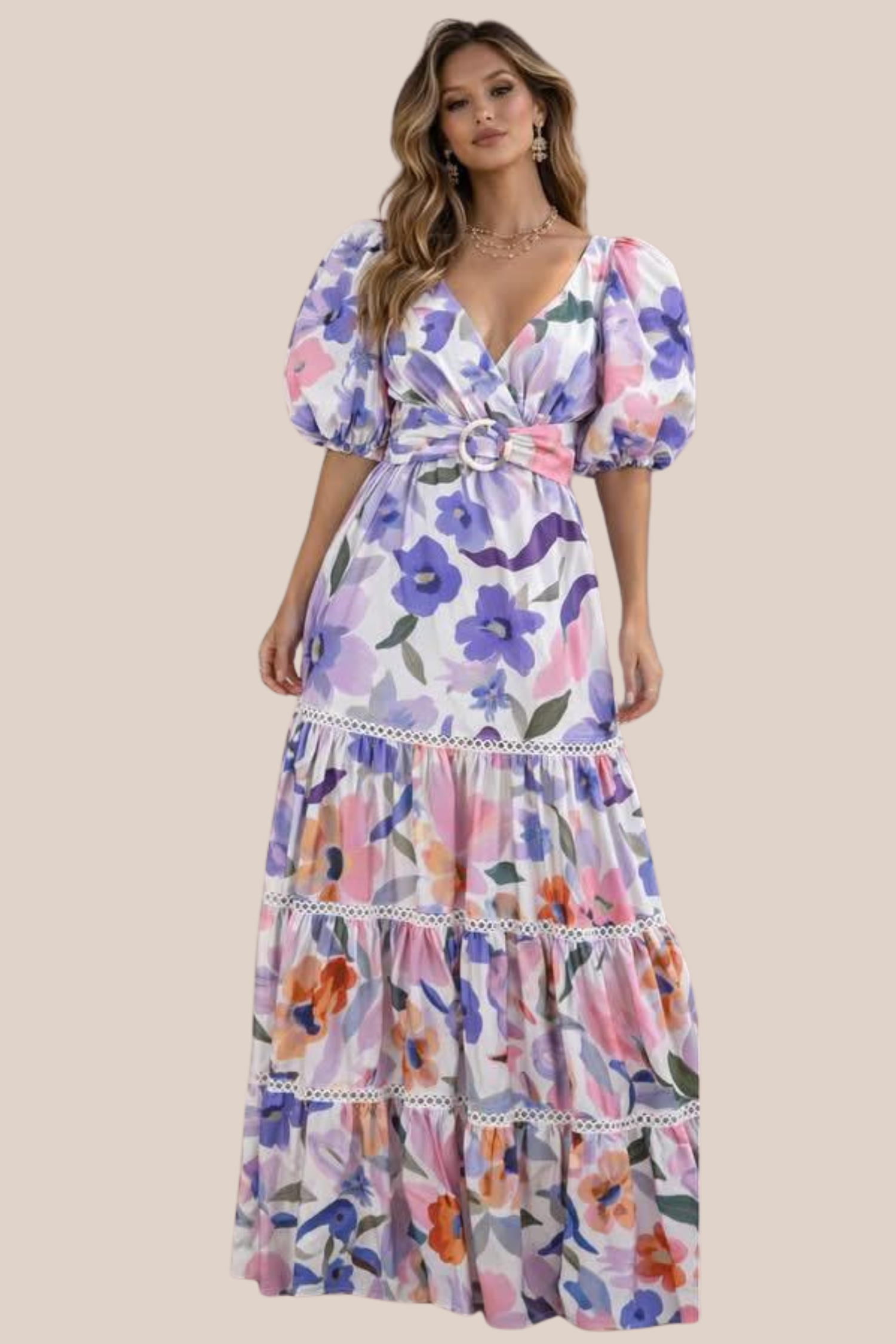 Vestido Largo Estampado Floral Tonos Morado,Rosa y Verde Cuello V Mangas Abullonadas
