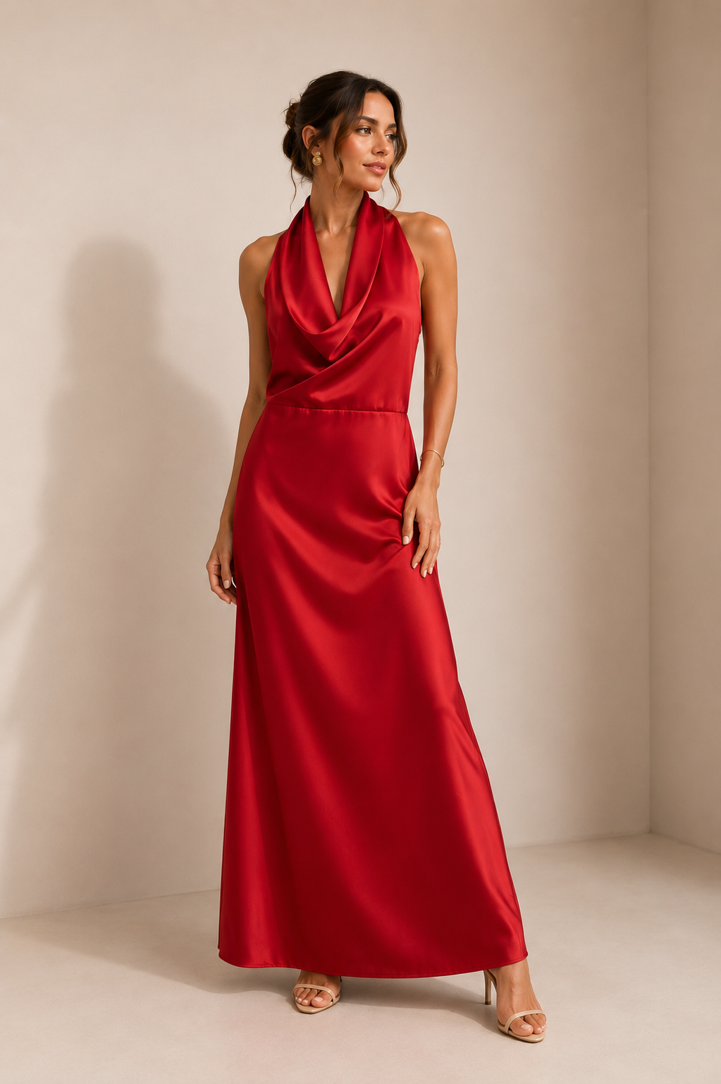 VESTIDO SATINADO ROJO HALTER