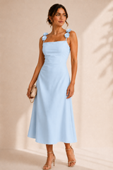 Vestido Azul Satin Con Flores