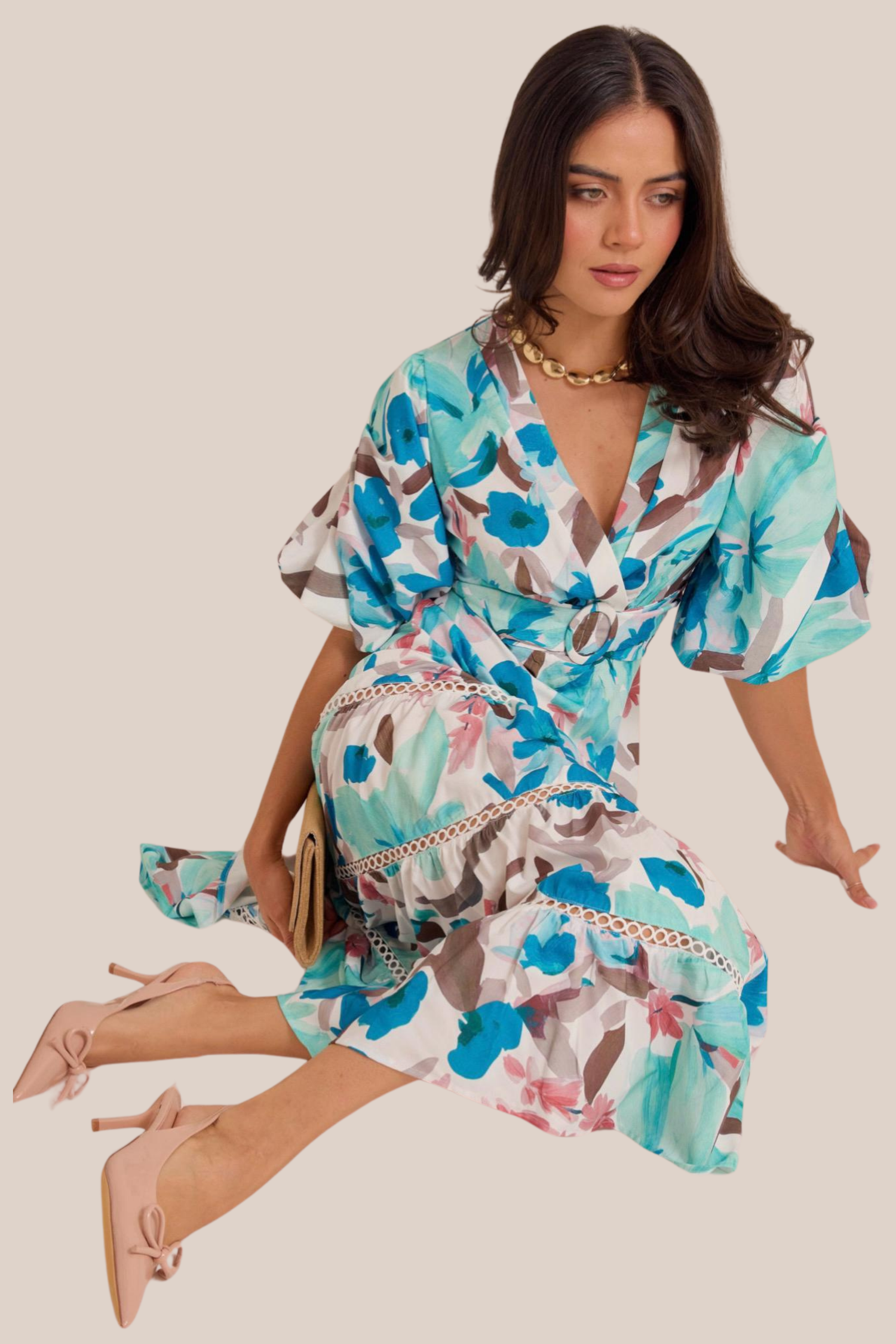 Vestido Largo Estampado Floral Tonos Turquesa, Marron y Rosa, Cuello V Mangas Abullonadas