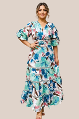 Vestido Largo Estampado Floral Tonos Turquesa, Marron y Rosa, Cuello V Mangas Abullonadas