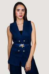 Conjunto Tejido “Estrella dorada” con Chaleco Cruzado Azul