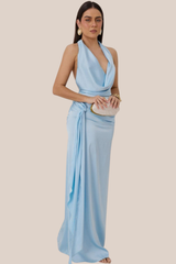 Vestido Azul Cuello Halter Satin