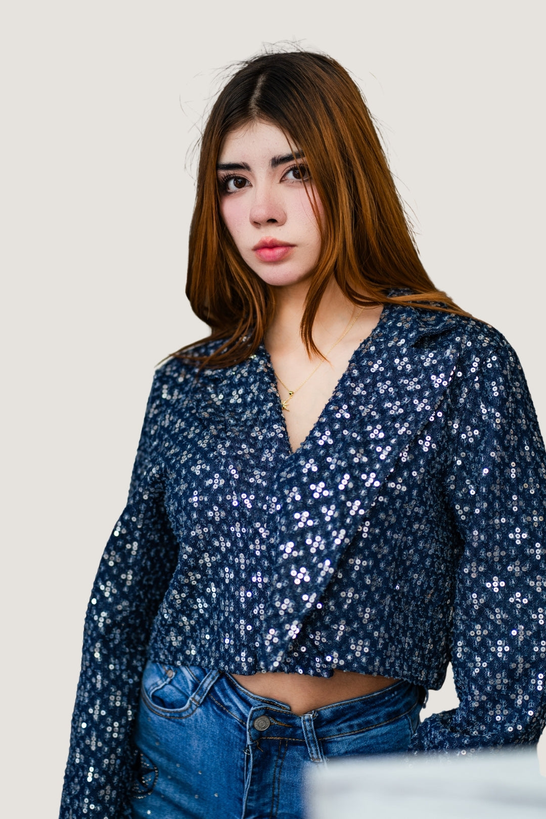 Chamarra de Mezclilla con Aplicaciones de Lentejuelas Azul marino