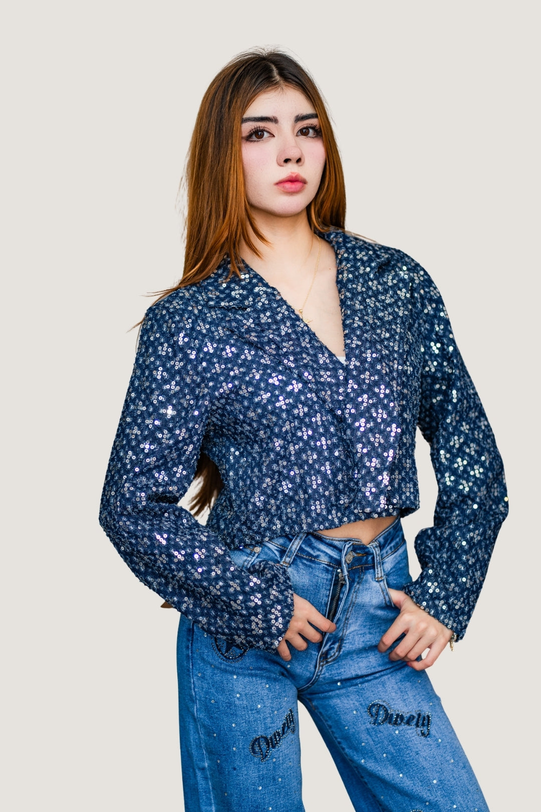 Chamarra de Mezclilla con Aplicaciones de Lentejuelas Azul marino