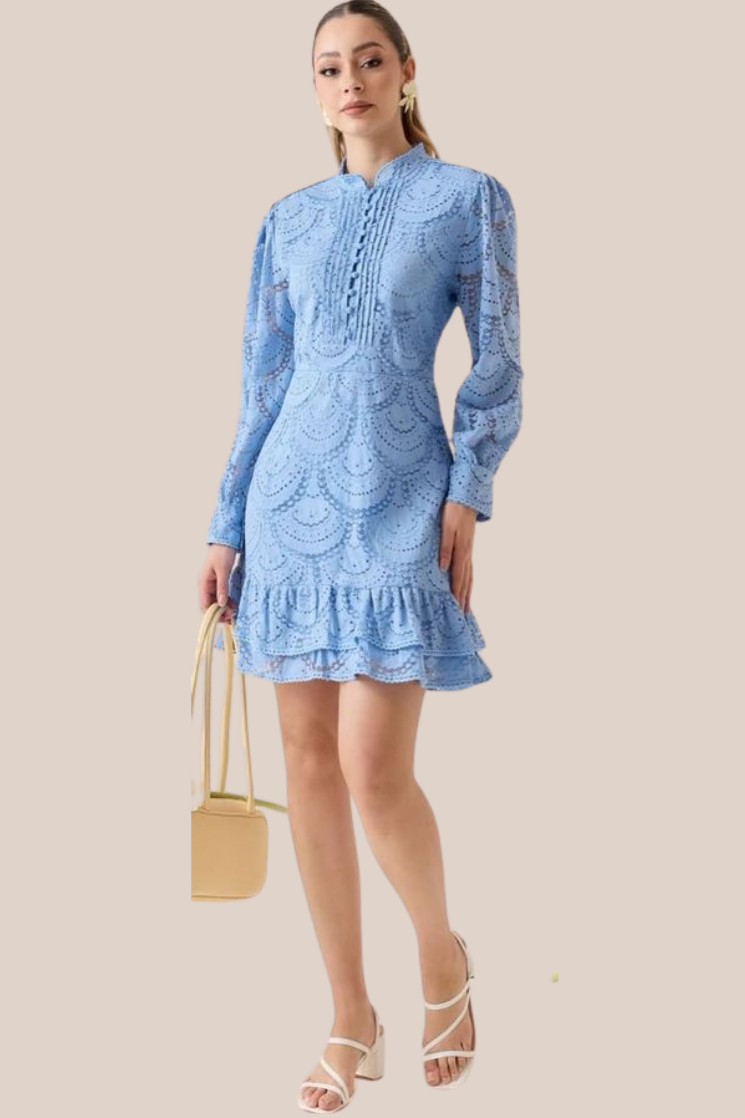Vestido Corto Azul de Encaje Mangas Largas y Botones