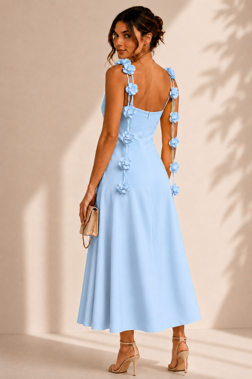Vestido Azul Satin Con Flores