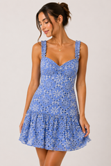 VESTIDO CORTO AZUL CON ENCAJE BLANCO