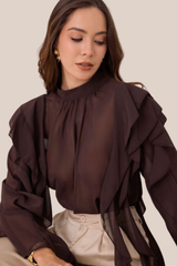 Blusa Café Oscuro Cuello Alto Con Volantes Largo