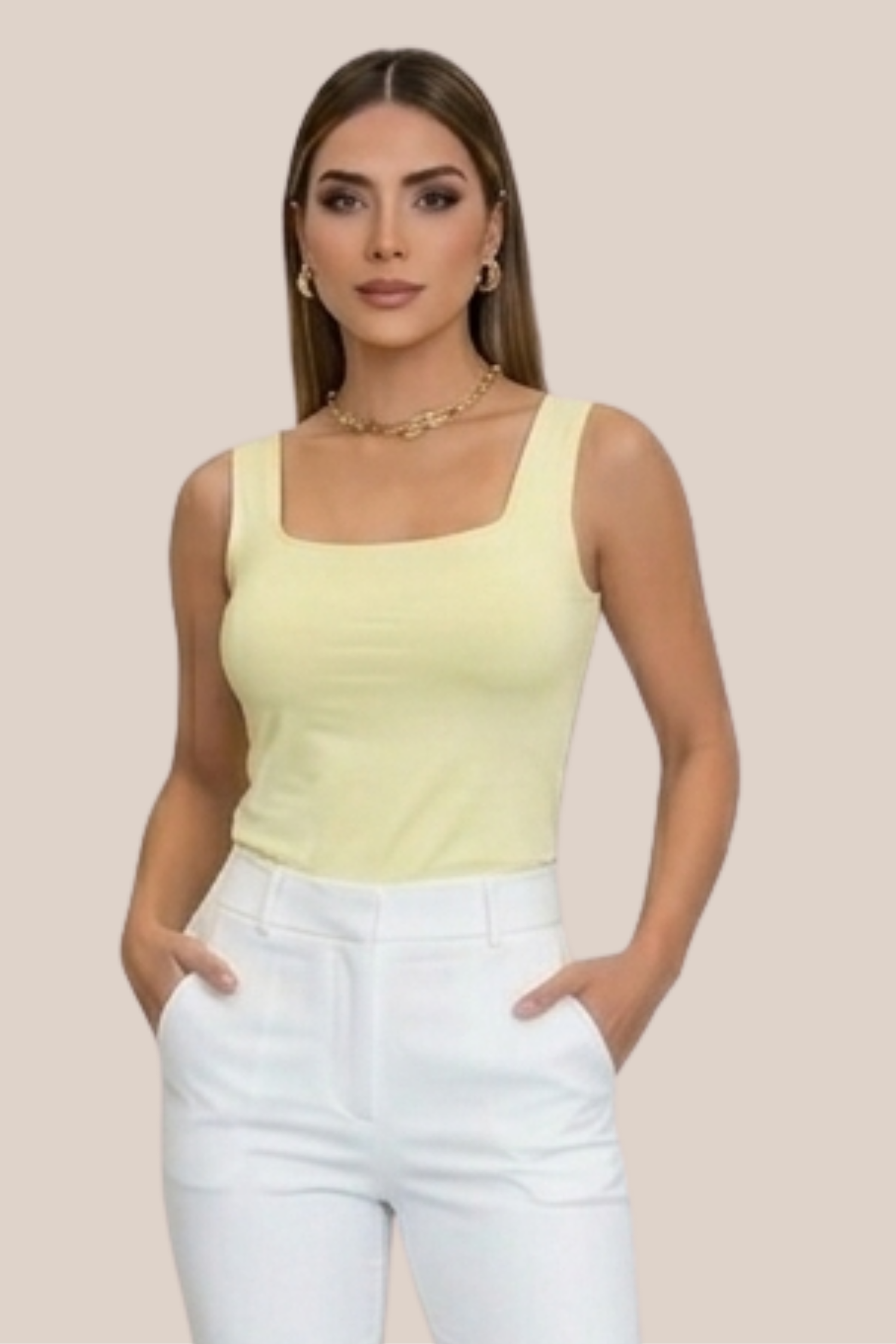 Blusa Amarilla Licra Sin Mangas Cuello Cuadrado