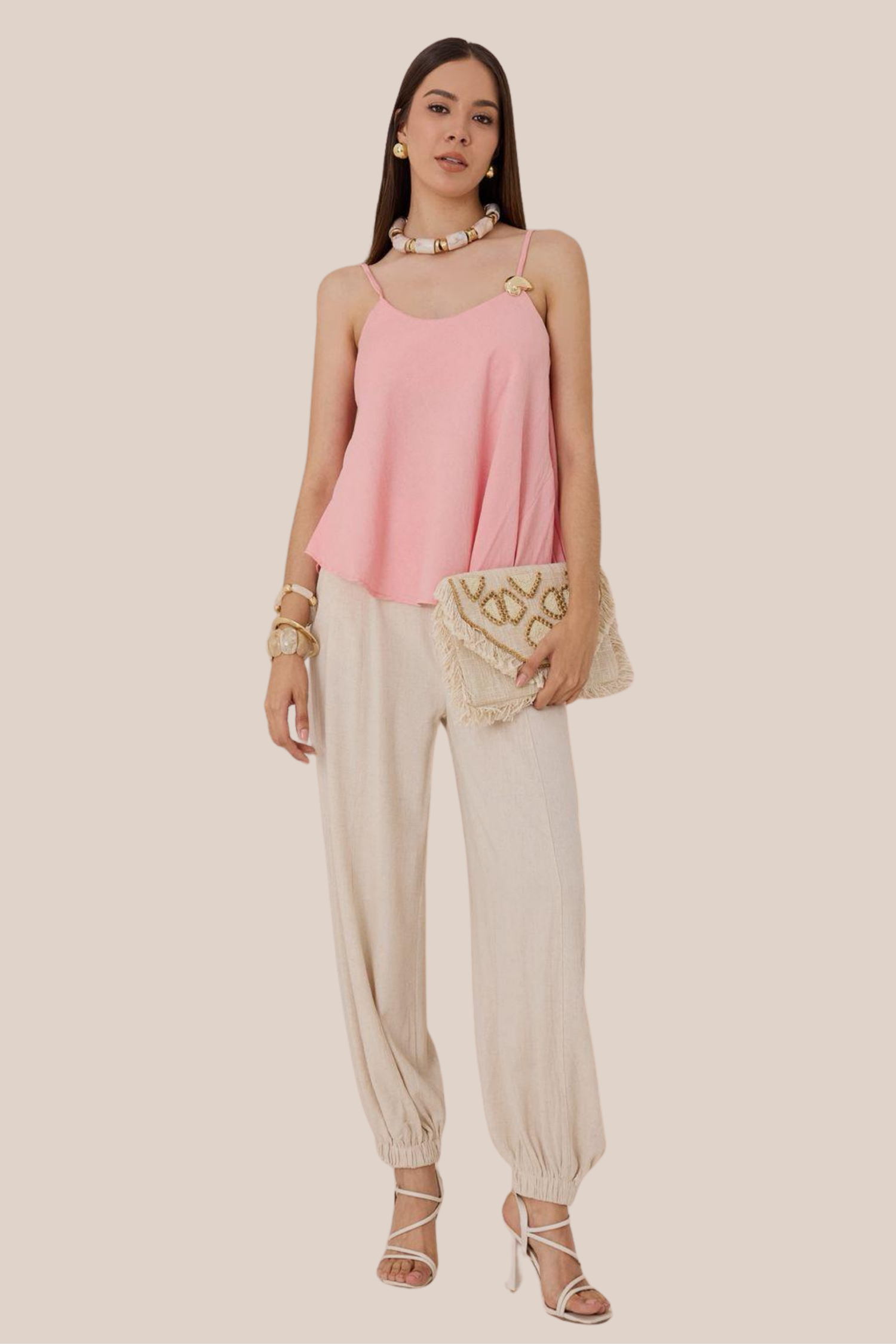 Blusa Rosa De Lino Tirantes, Botón Dorado Corte Asimétrico
