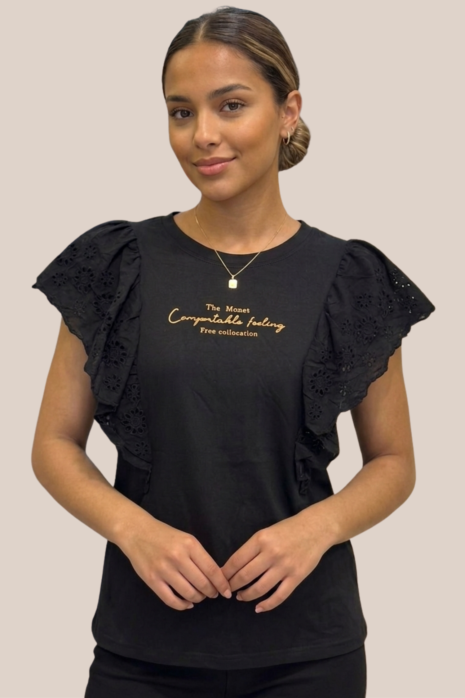 Blusa Negra Con Manga Corta de Encaje