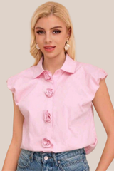 Blusa Rosa Solapas sin Manga Con Botones de Flores