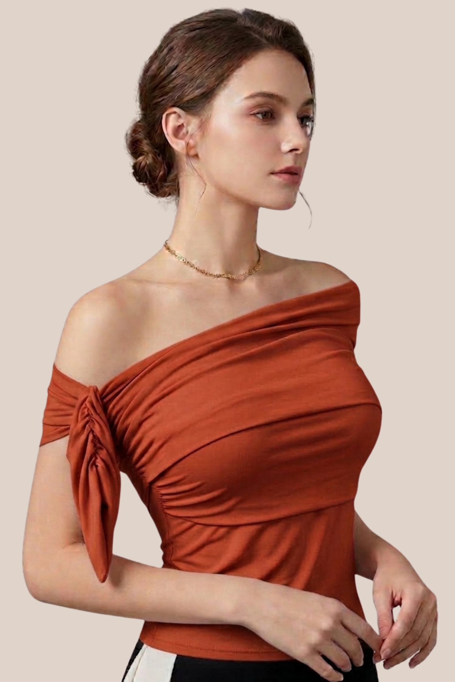 Blusa Terracota de Licra Cuello Asimetrico