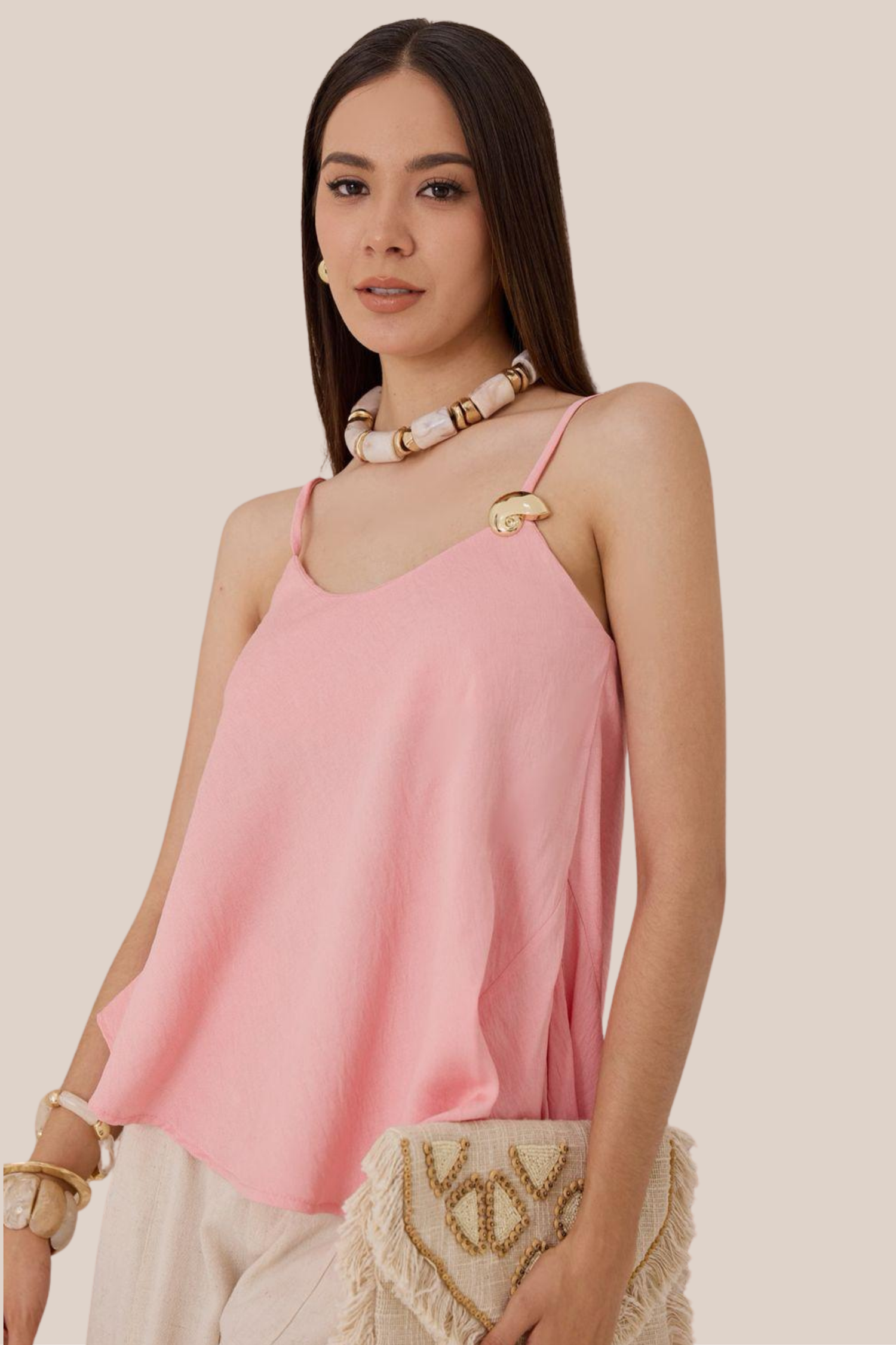 Blusa Rosa De Lino Tirantes, Botón Dorado Corte Asimétrico