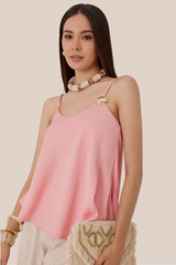 Blusa Rosa De Lino Tirantes, Botón Dorado Corte Asimétrico