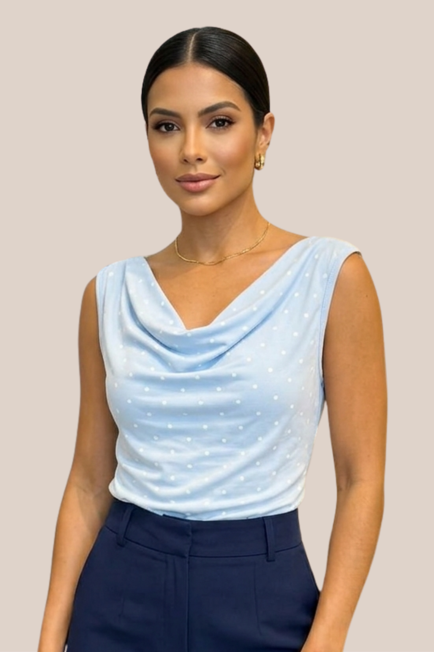 Blusa Azul Sin Mangas Cuello Desbocado Lunares Blancos