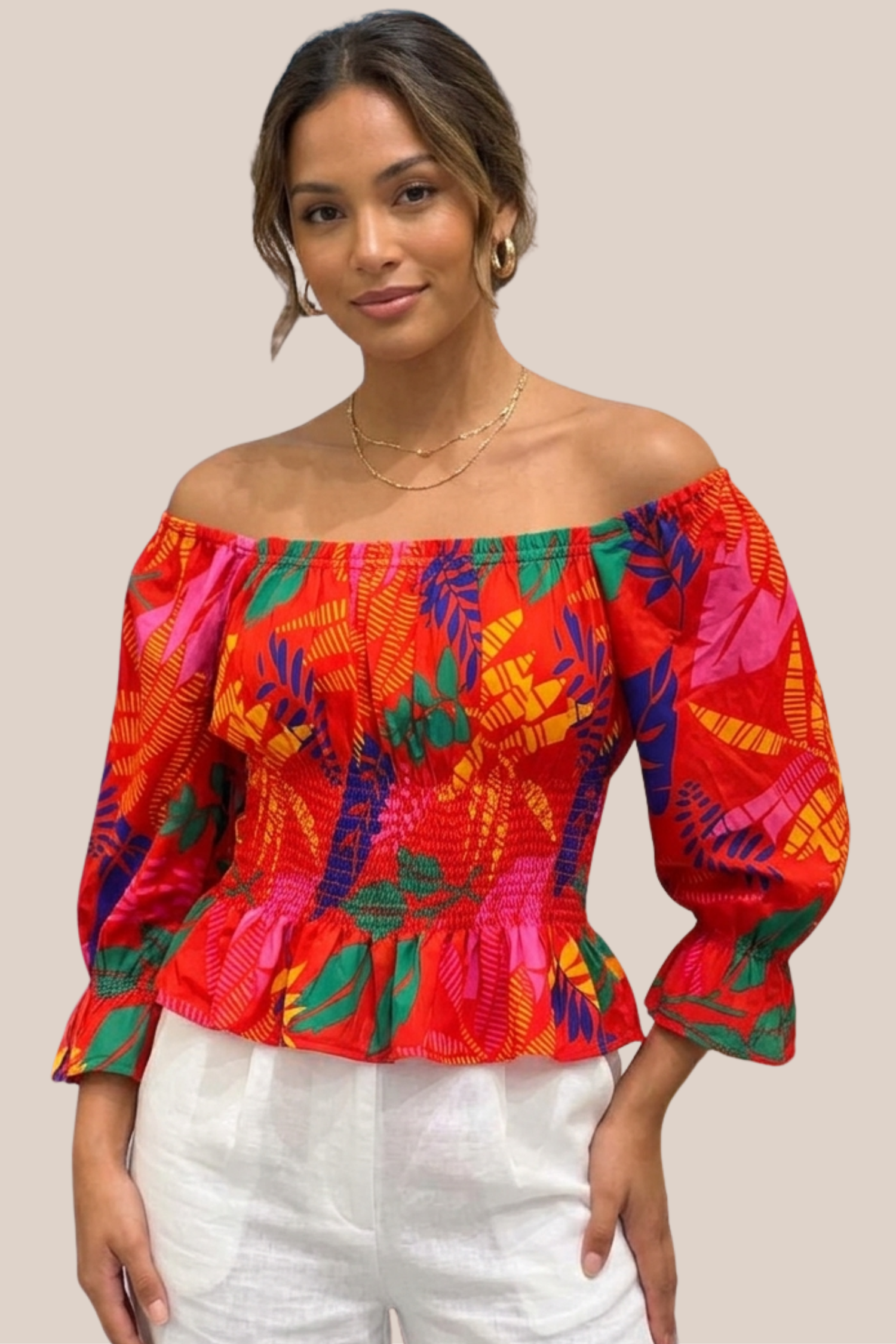 Blusa Roja Estampada Con Resorte