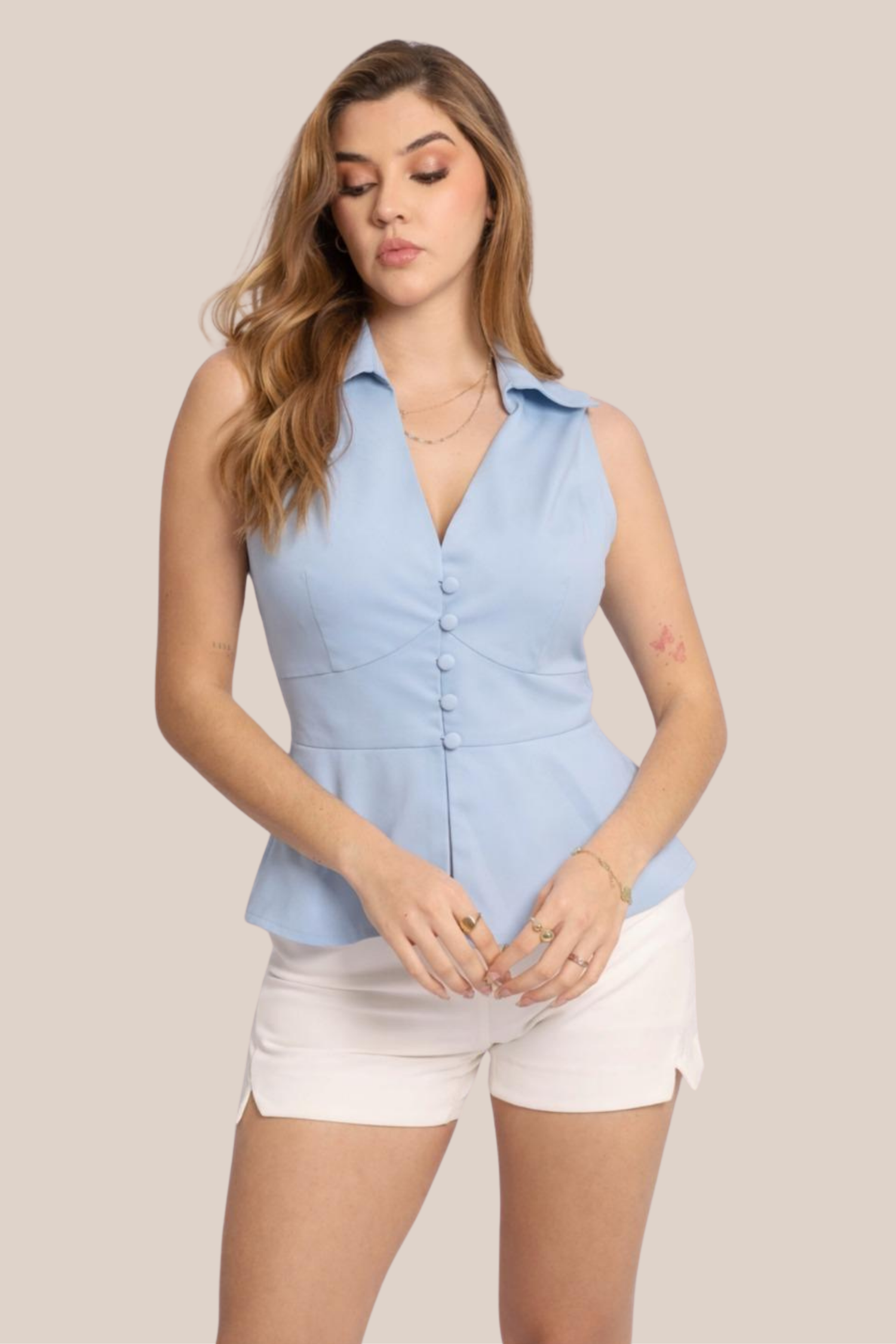 Blusa Azul Tipo Sastrero Con Solapas, Cuello V Pronunciado