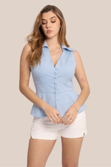 Blusa Azul Tipo Sastrero Con Solapas, Cuello V Pronunciado