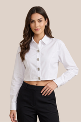 Blusa Blanca Cuello V Talle Corto Botones Cuadrados Plata