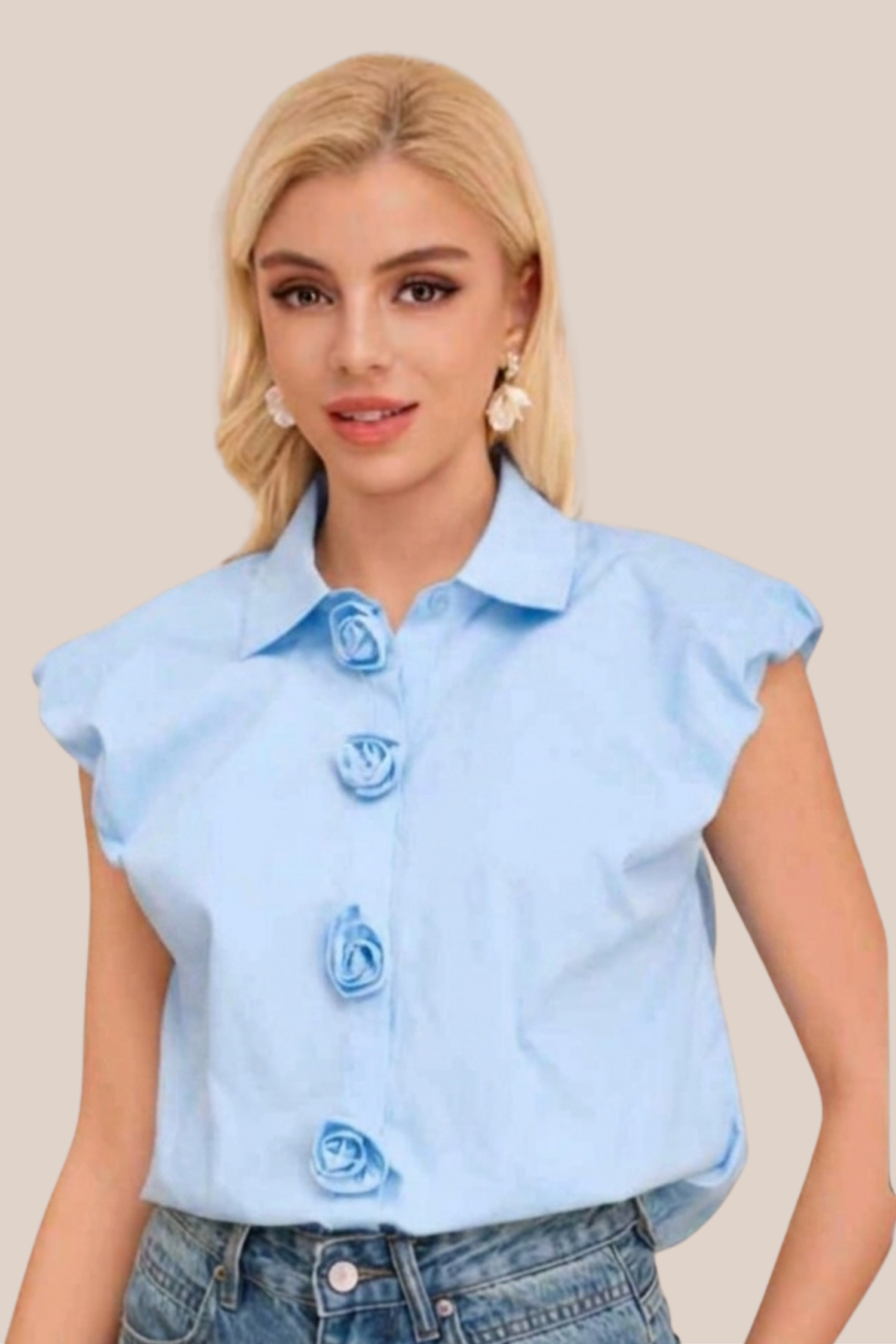 Blusa Azul Solapas sin Manga Con Botones de Flores